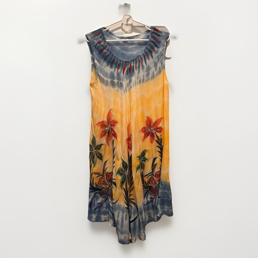Shoreline Coverup Midi Sundress One Size Rayon Yellow Tie Dye Boho Hippie Beach